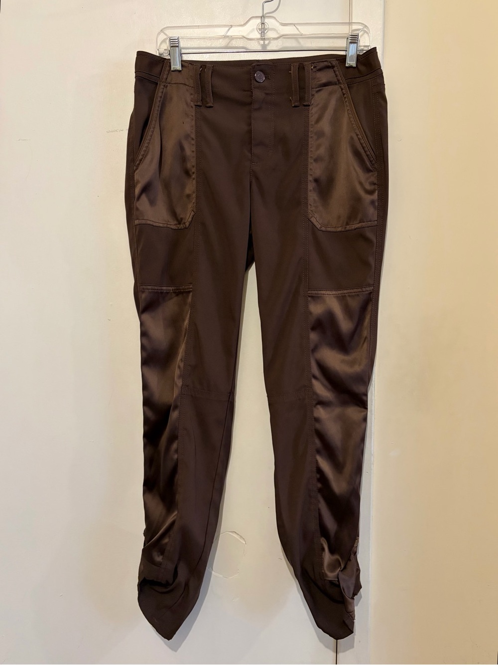 White House Black Market Chocolate Brown Straight Cropped Pants w/Satin Panels
